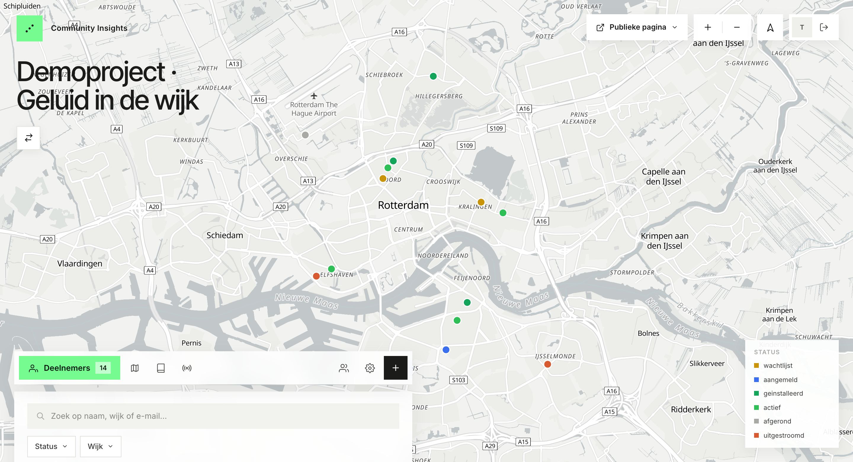 De projectkaart: deelnemers als status-gekleurde markers op de kaart, met zoekbalk, filters en legenda