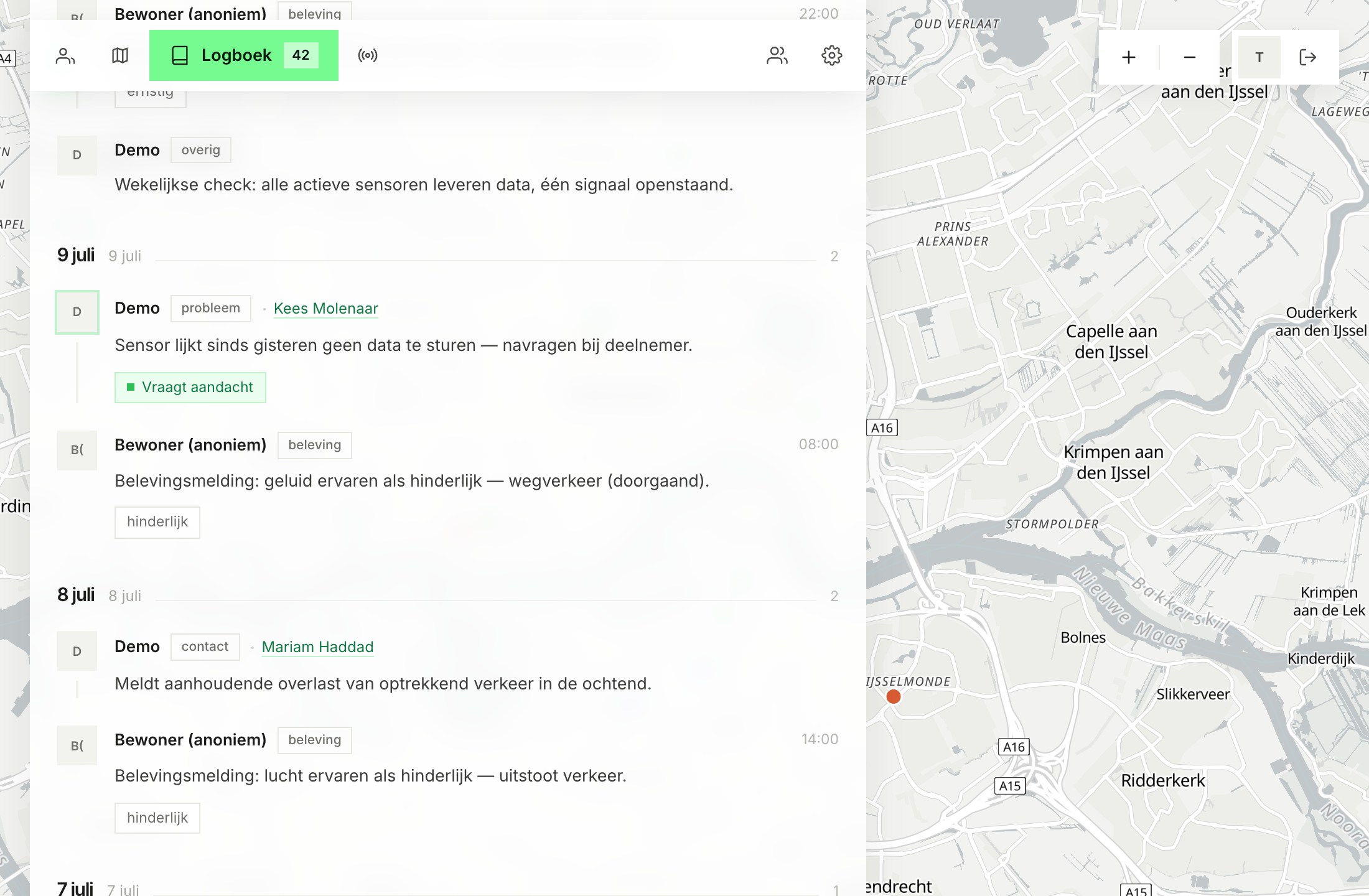 Het projectlogboek: registraties per dag met categorieën, belevingsmeldingen van bewoners en een signaal dat aandacht vraagt